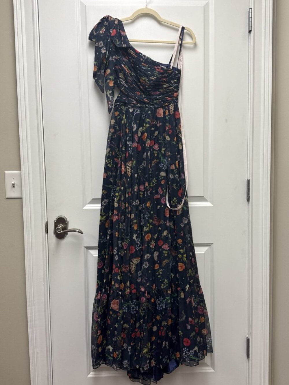 MAC DUGGAL Size 0 Navy 67938 Floral Tied One Shoulder Cut-Out Flowy Gown Dress - Picture 7 of 14